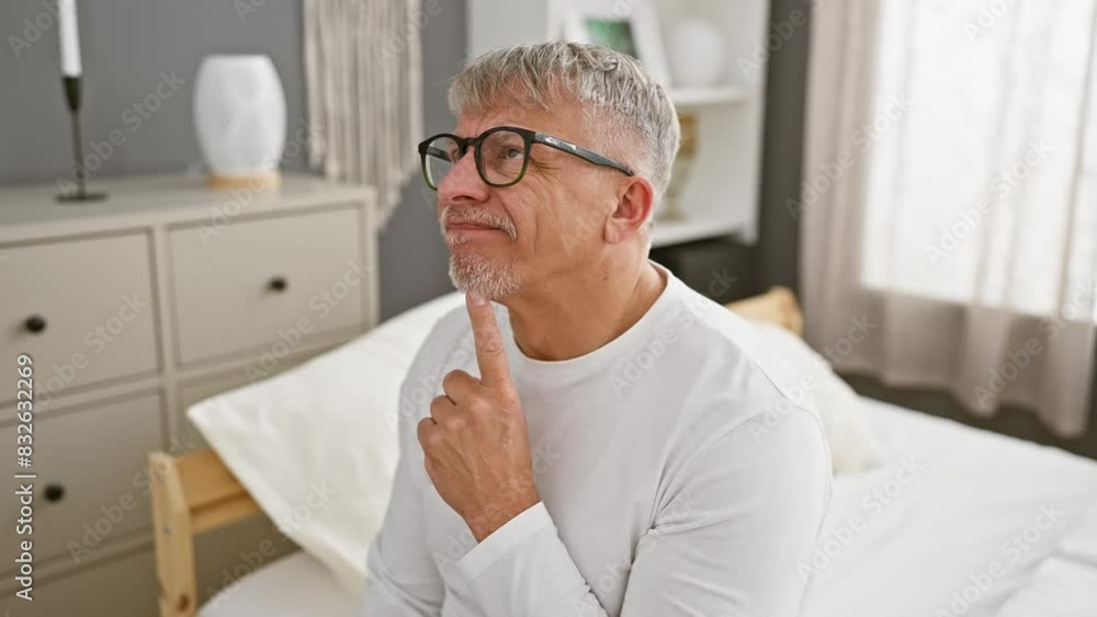 Pensive mature man in pyjamas, finger on chin, lost in deep thought floating with doubts, gazing up confidently in bedroom Pensive mature man in pyjamas, finger on chin, lost in deep thought floating with doubts, gazing up confidently in bedroom