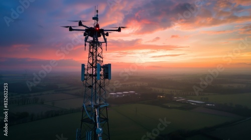 A drone photographing a telephone signal tower from above, capturing its towering presence