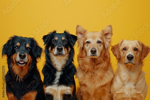 Dogs of different breeds on a yellow background