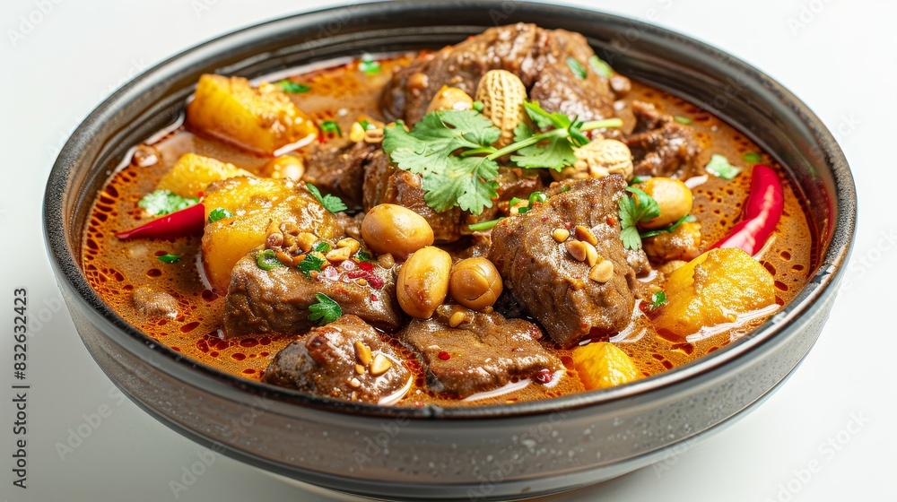 A bowl of stew with meat and nuts A bowl of stew with meat and nuts