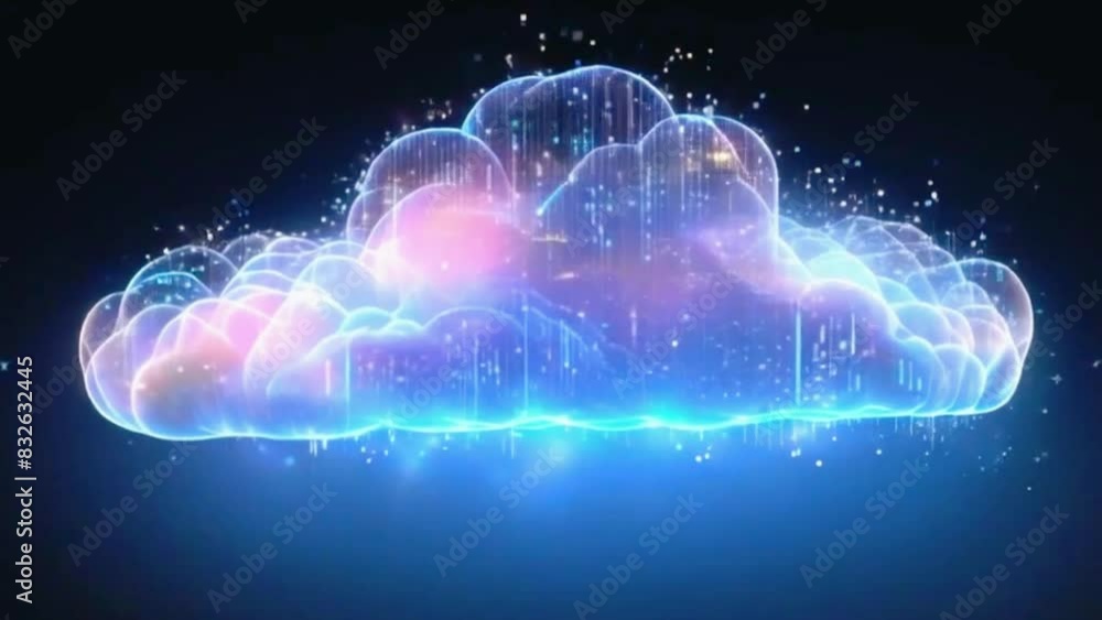 Particles forming and dissolving into a holographic data cloud, representing cloud computing and data storage, 4K black background High-Quality Animation Video Particles forming and dissolving into a holographic data cloud, representing cloud computing and data storage, 4K black background High-Quality Animation Video