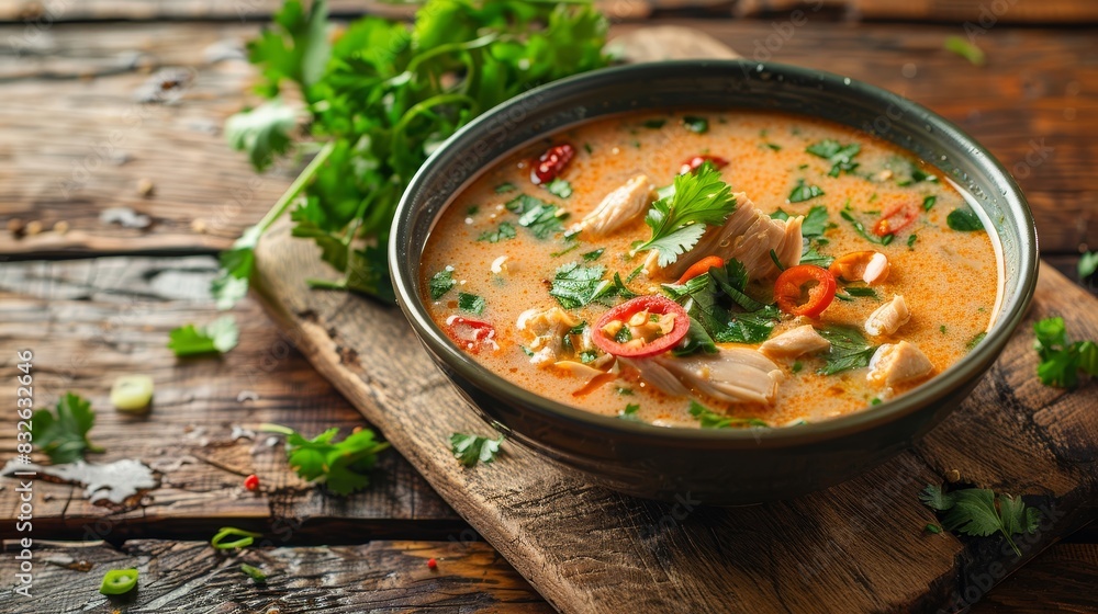 A bowl of soup with a lot of spices and herbs A bowl of soup with a lot of spices and herbs