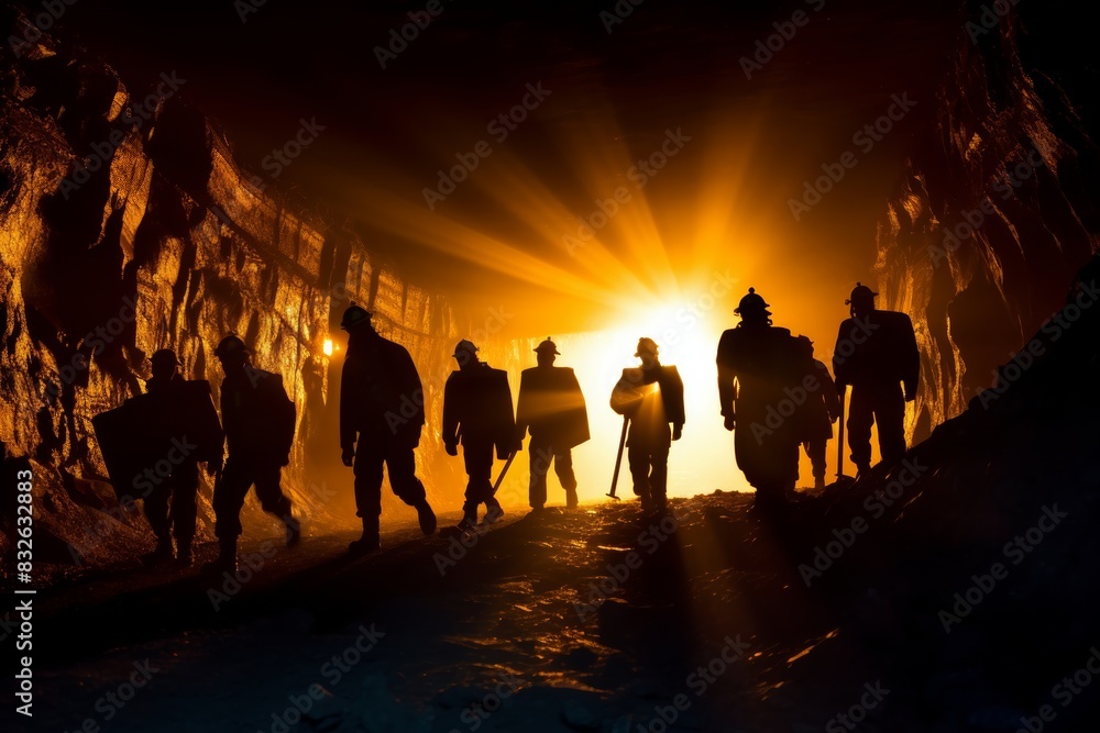 Fototapeta premium Silhouette of Miners Walking in a Cave with Helmets and Lights at Dawn - High Fidelity Photo