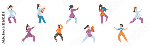 Tai Chi Practice with Man and Woman Doing Qigong Exercise as Internal Chinese Martial Art Vector Illustration Set