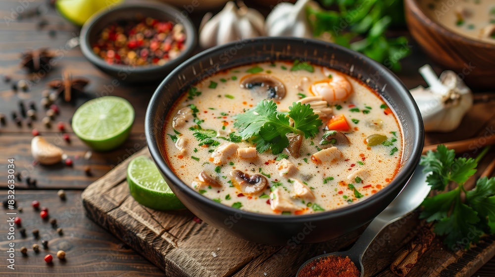 A bowl of soup with a spoon and a few other items on a wooden table A bowl of soup with a spoon and a few other items on a wooden table