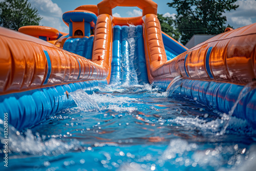 Inflatable colored water slide in the park