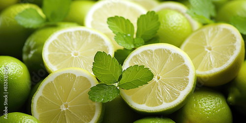 Fresh Green Limes and Lemon Slices with Mint Leaves CloseUp © aninna