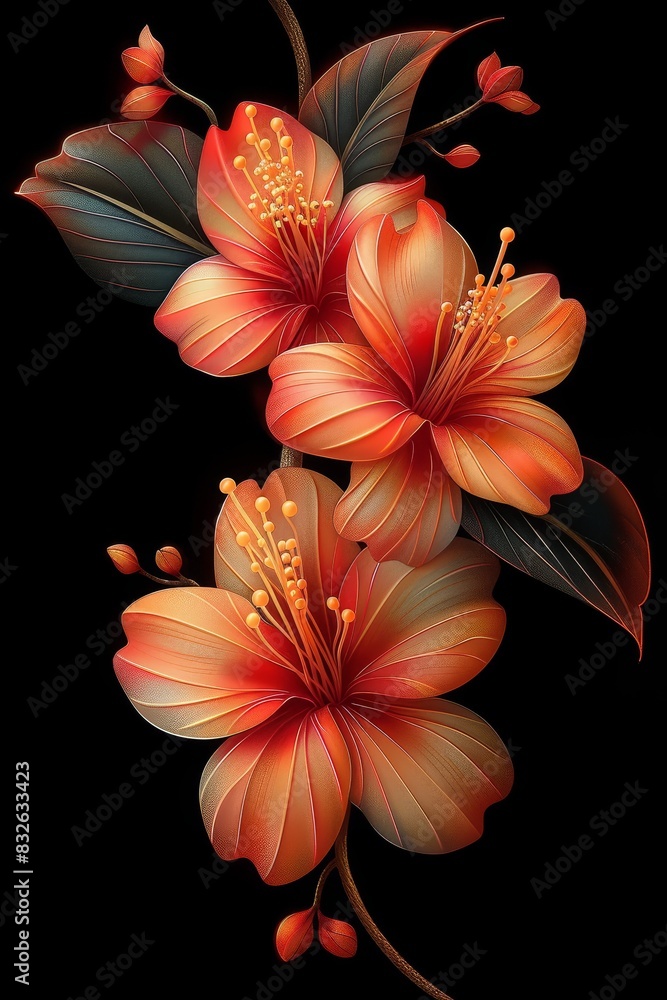Fototapeta premium Orange Flowers on Black Background