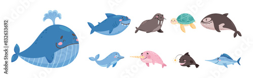Cute Sea Animal with Smiling Face Vector Set