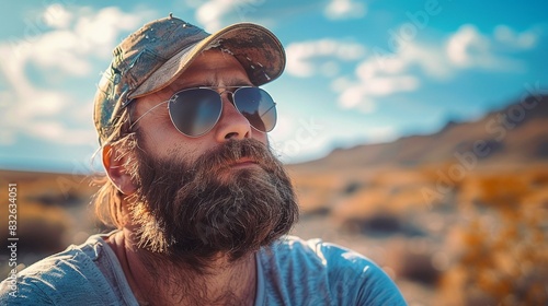 Bearded man in the desert, wearing sunglasses and a cap, rugged and sunlit, Realism, High detail 8K , high-resolution, ultra HD,up32K HD photo