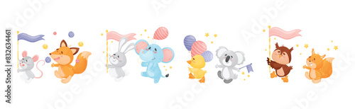 Cute Animal Character Marching and Playing Musical Instrument Vector Set