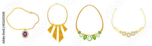 Golden Precious Jewelry with Necklace and Gem Vector Set