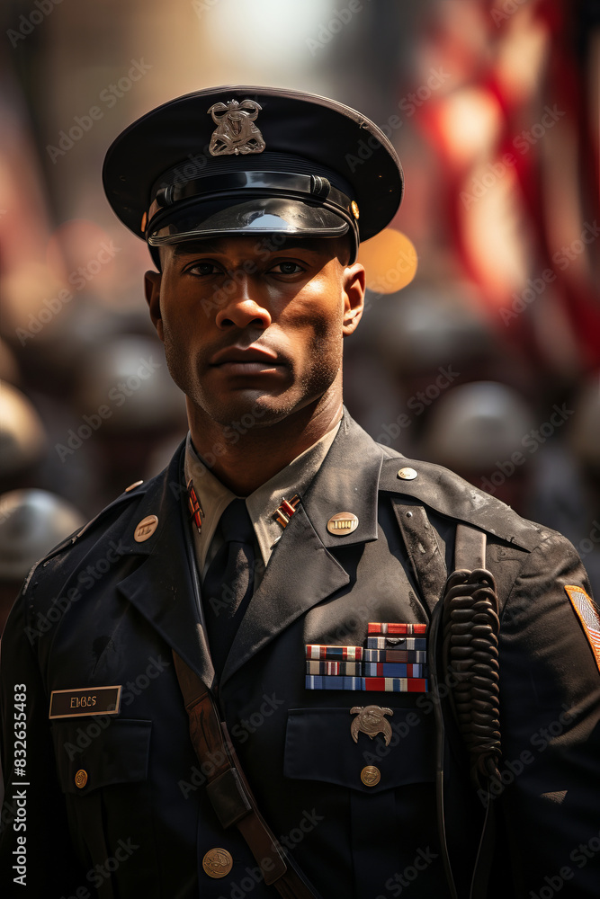 A stern-faced soldier in formal uniform stands proudly, adorned with medals, with a blurred background of American flags and fellow servicemen. A stern-faced soldier in formal uniform stands proudly, adorned with medals, with a blurred background of American flags and fellow servicemen.