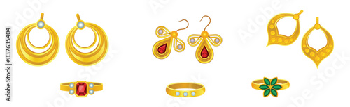 Golden Precious Jewelry with Ring and Earring with Gem Vector Set