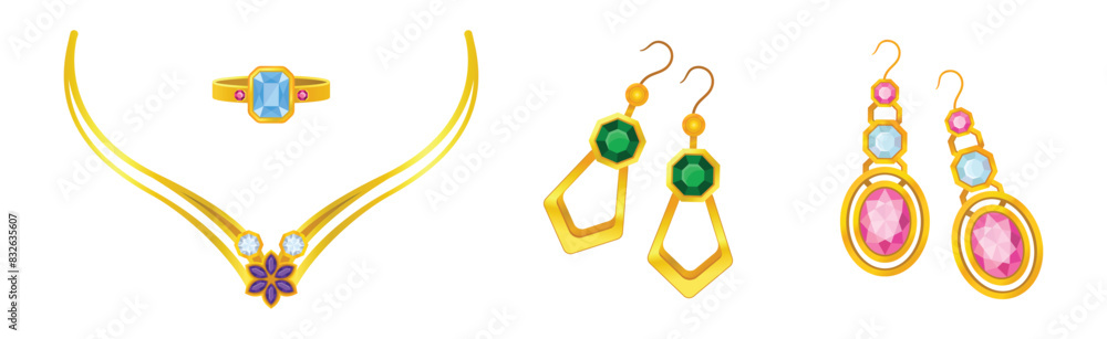Golden Precious Jewelry with Necklace, Ring and Earring with Gem Vector Set Golden Precious Jewelry with Necklace, Ring and Earring with Gem Vector Set