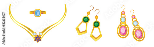 Golden Precious Jewelry with Necklace, Ring and Earring with Gem Vector Set