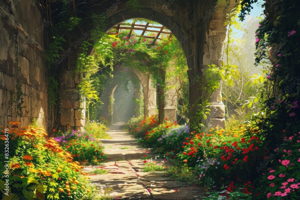 A beautiful secret fairytale garden with flower arches and colorful greenery. painting background, AI-generated A beautiful secret fairytale garden with flower arches and colorful greenery. painting background, AI-generated