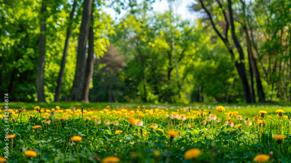 Obraz premium Landscape with young lush green grass and blooming dandelions against the background of trees in the garden. Beautiful spring natural background.