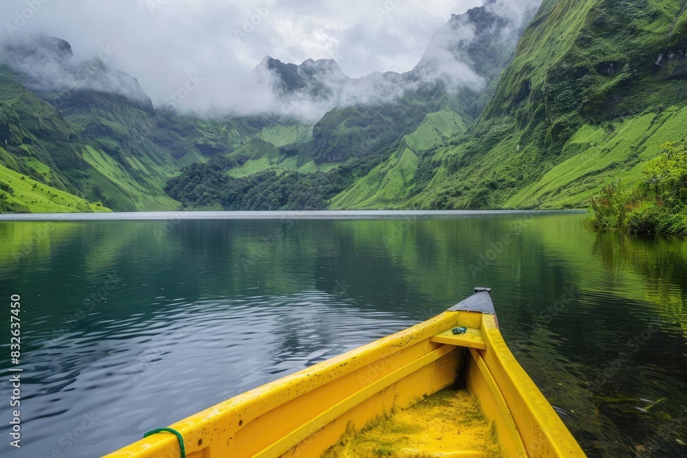 A yellow wooden boat floats on a still lake, surrounded by lush green mountains and mist.