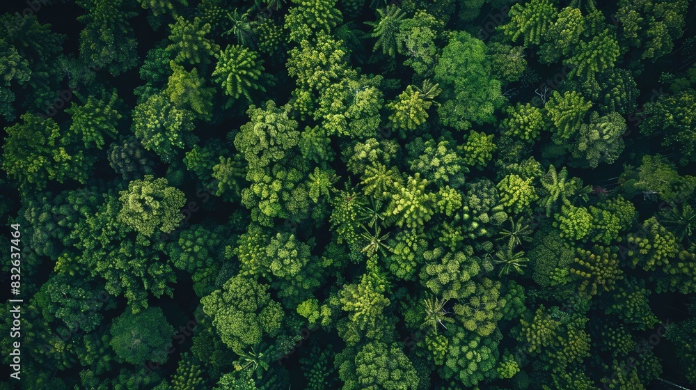 Fototapeta premium Aerial view of a lush green forest canopy. Photographic texture of vibrant foliage. Nature background.