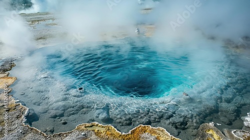 A close-up of a steaming geothermal hot spring with vibrant blue water.