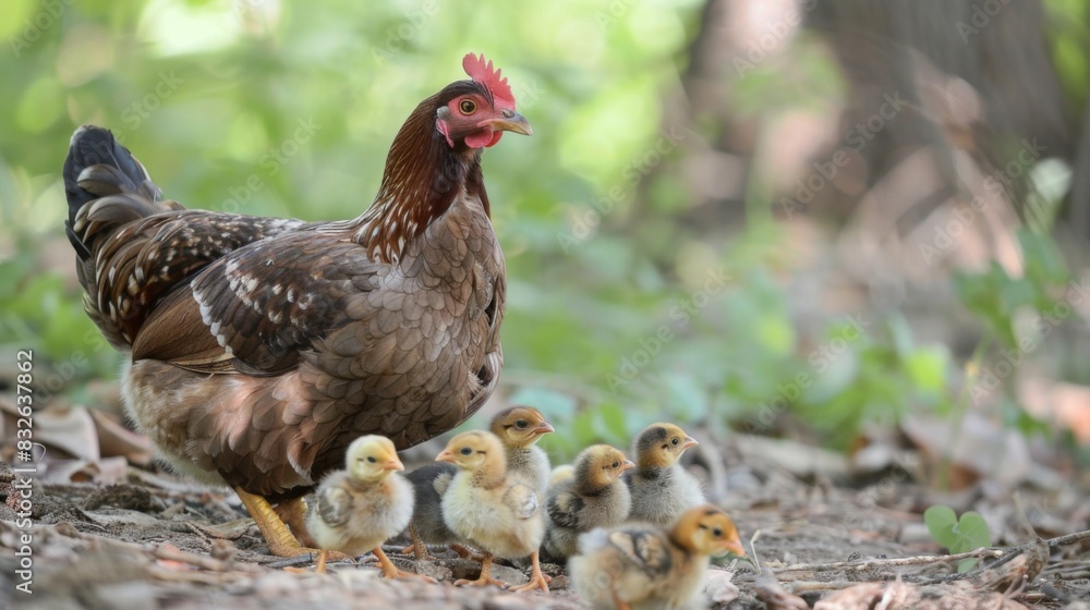 A hen with her newly hatched chicks, proudly showing them off to the world A hen with her newly hatched chicks, proudly showing them off to the world