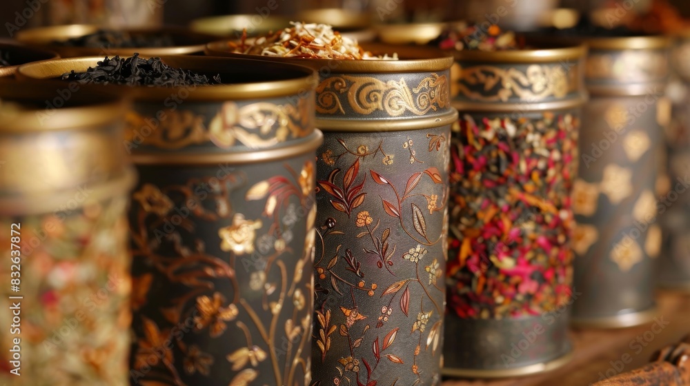 A row of ornate tins filled with exotic blends of carefully cultivated organic tea leaves. A row of ornate tins filled with exotic blends of carefully cultivated organic tea leaves.