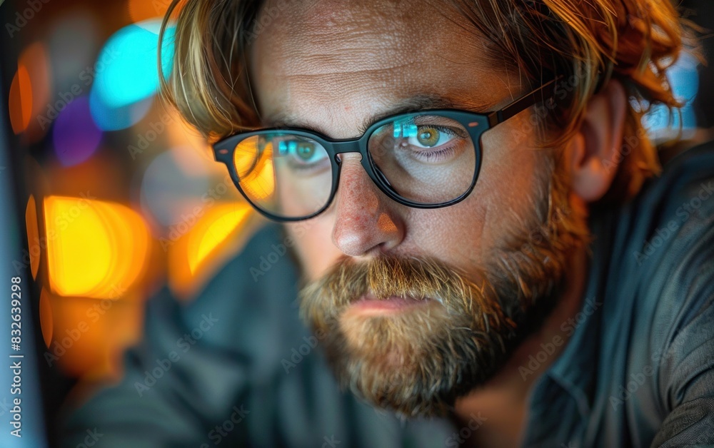 A man with a beard and glasses deeply focuses on something A man with a beard and glasses deeply focuses on something