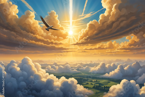 A peaceful panorama featuring a distorted blue sky with voluminous golden sunrays with a bird flying showering a green meadow photo