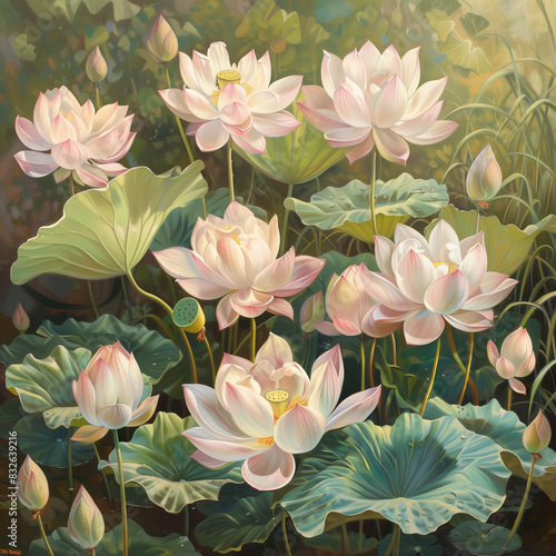 In the serene waters of a tranquil pond, a delicate pink lotus flower gracefully unfurls its petals, basking in the gentle sunlight. 