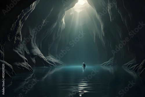a man deep within an old, abandoned cave, the fluid face of a large underground lake is found with sun rays photo