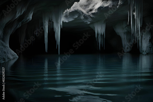 In the profound depths of a bygone cave, the aqueous surface of a large subterranean lake exists photo