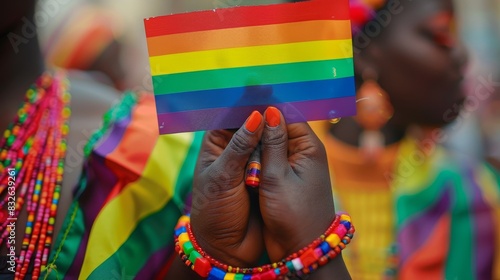 A woman is holding a rainbow flag and wearing a colorful bracelet