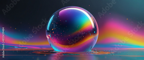 3D Abstract Dispersion Circle Glass and Vivit Sphere with Futuristic Rainbow Flying - Holographic Spectrum Colors photo