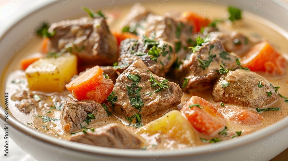 A bowl of stew with meat and carrots A bowl of stew with meat and carrots