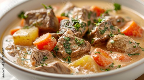 A bowl of stew with meat and carrots