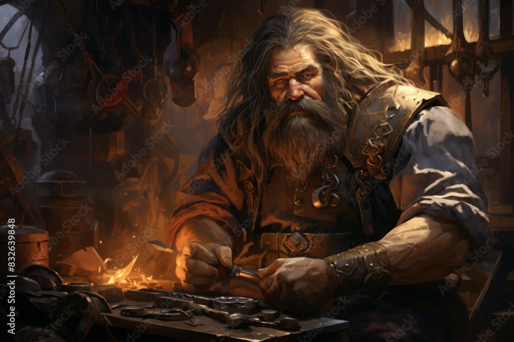 A dwarven blacksmith, renowned for skill in crafting legendary weapons and armor. - Generative AI A dwarven blacksmith, renowned for skill in crafting legendary weapons and armor. - Generative AI