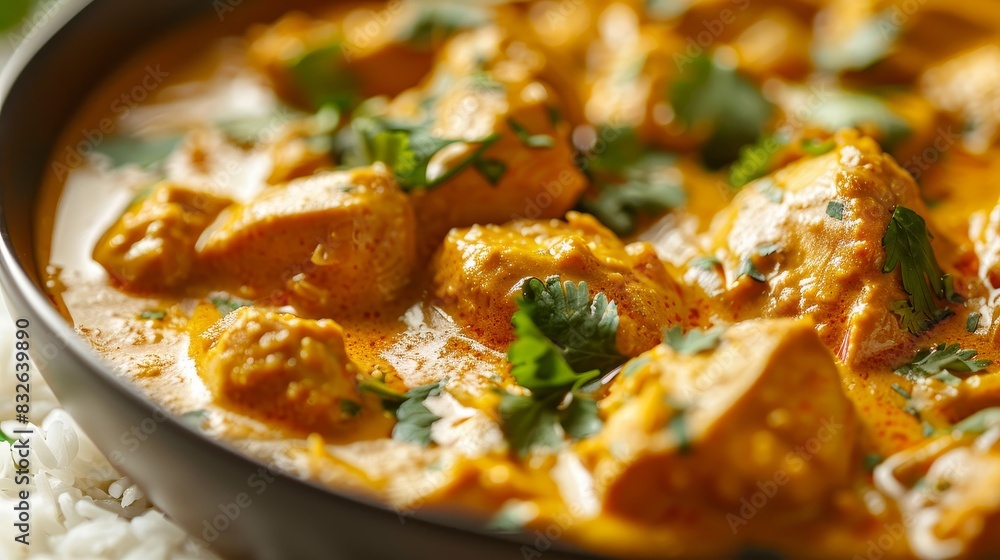 A bowl of chicken curry with a side of rice A bowl of chicken curry with a side of rice