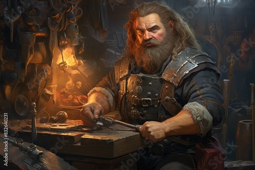 A dwarven blacksmith  renowned for skill in crafting legendary weapons and armor. - Generative AI