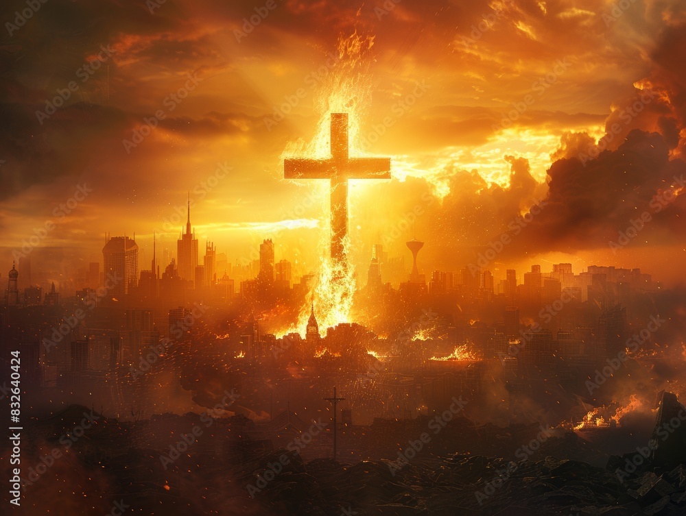 A burning Christian cross is placed against the background of a majestic metropolis bathed in golden sunlight. background for the transmission of Christian symbols. A burning Christian cross is placed against the background of a majestic metropolis bathed in golden sunlight. background for the transmission of Christian symbols.