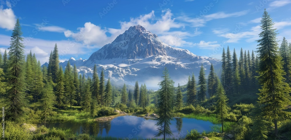 A lone mountain peak towering over a dense forest of pine trees, with a small, crystal-clear lake at its base reflecting the blue sky above.