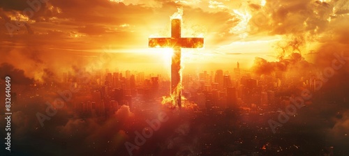 A burning Christian cross is placed against the background of a majestic metropolis bathed in golden sunlight. background for the transmission of Christian symbols.