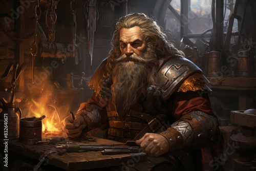 A dwarven blacksmith, renowned for skill in crafting legendary weapons and armor. - Generative AI