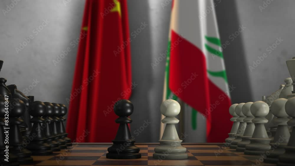 Lebanon And China National Flags. Politics And Conflict Concept Animation. Chess Board Game Play Lebanon And China National Flags. Politics And Conflict Concept Animation. Chess Board Game Play