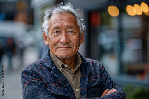 Elderly Asian businessman with grey hair, smiling warmly with folded arms in a vibrant city street, showcasing wisdom and professional success in a modern urban setting