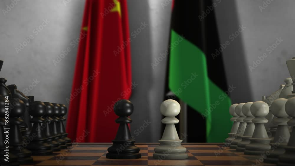 Libya And China National Flags. Politics And Conflict Concept Animation. Chess Board Game Play Libya And China National Flags. Politics And Conflict Concept Animation. Chess Board Game Play