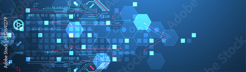 Abstract circuit board and hexagons on gradient color background. Hi-tech digital technology concept.