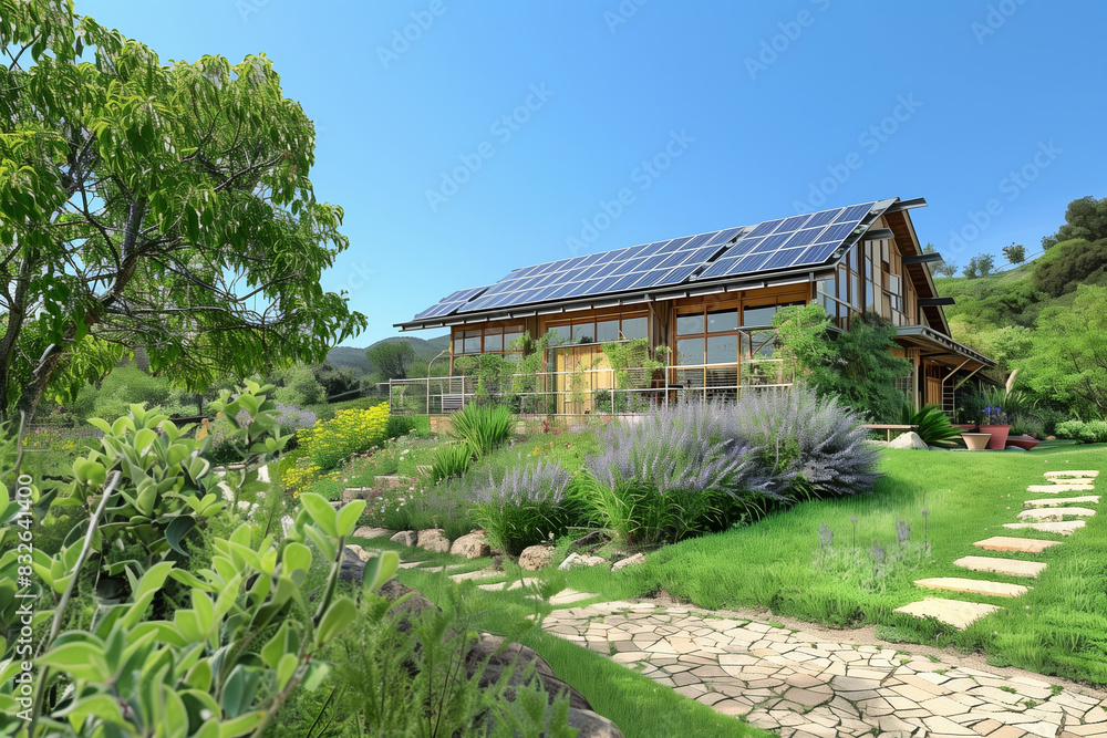 Green Living Concept 3D Render of Eco House with Solar Panels