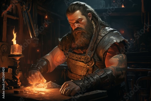 A dwarven blacksmith  renowned for skill in crafting legendary weapons and armor. - Generative AI