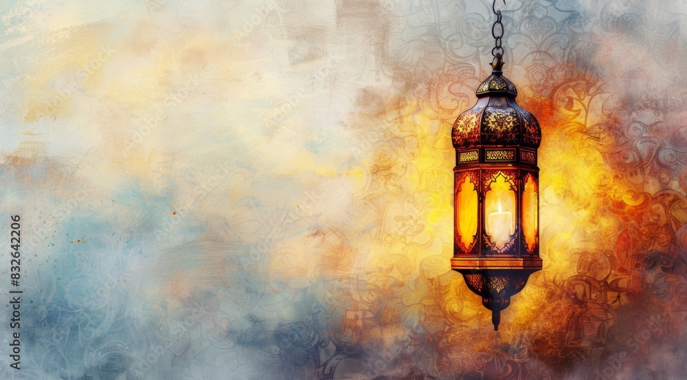 Arabic lantern, Ramadan kareem background white background, watercolor style. text 2025 Arabic lantern, Ramadan kareem background white background, watercolor style. text 2025